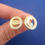 Round Space Themed Saturn Moon and Stars Rhinestone Stud Earrings in Gold