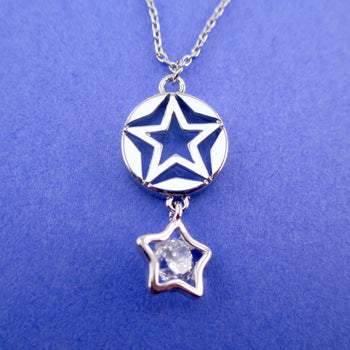 Round Star Cut Out Pendant Star Shaped Rhinestone Necklace in Silver