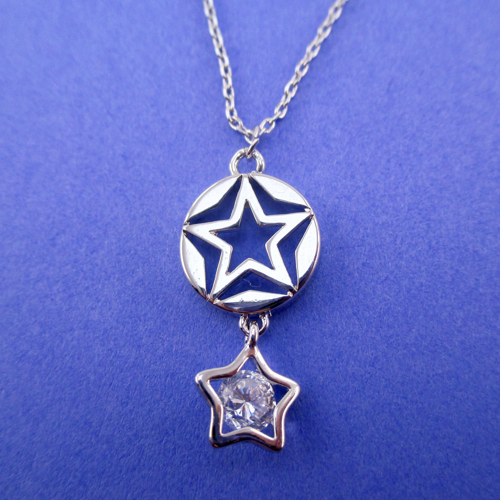 Round Star Cut Out Pendant with Star Shaped Rhinestone Necklace in Silver