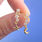 Row of Rhinestones Crescent Moon and Stars Charm Drop Stud Earrings