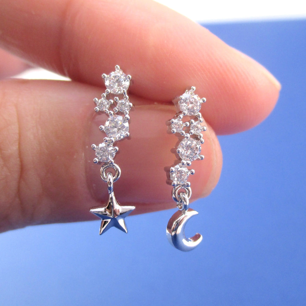Row of Rhinestones Crescent Moon and Stars Charm Drop Stud Earrings
