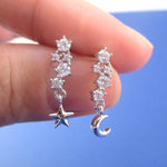 Row of Rhinestones Crescent Moon and Stars Charm Drop Stud Earrings