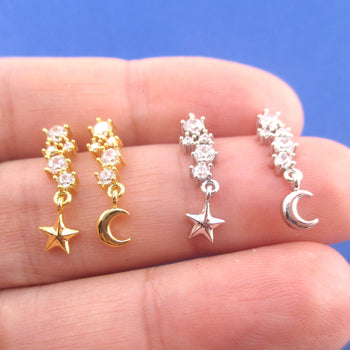 Row of Rhinestones Crescent Moon and Stars Charm Drop Stud Earrings