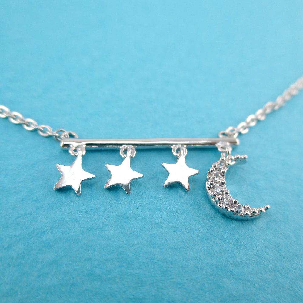 Row of Stars and Crescent Moon Shaped Rhinestone Bar Pendant Necklace