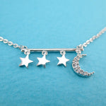 Row of Stars and Crescent Moon Shaped Rhinestone Bar Pendant Necklace