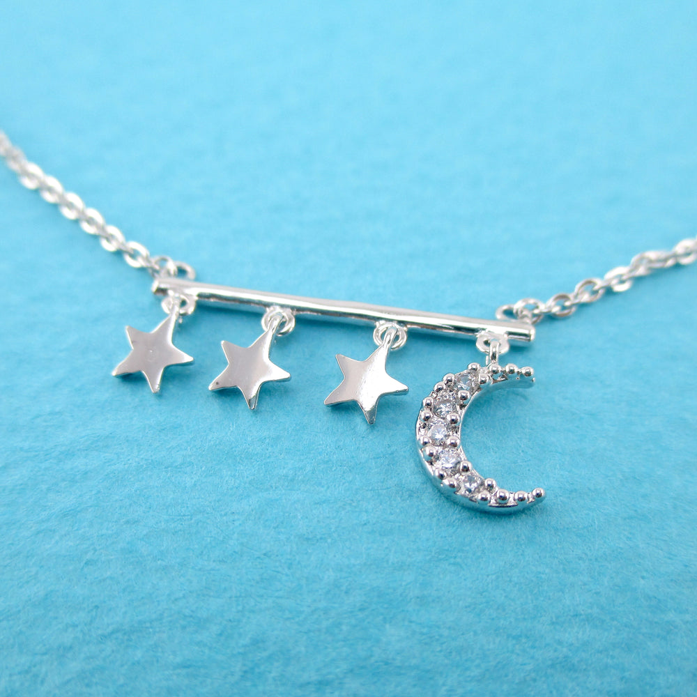 Row of Stars and Crescent Moon Shaped Rhinestone Bar Pendant Necklace