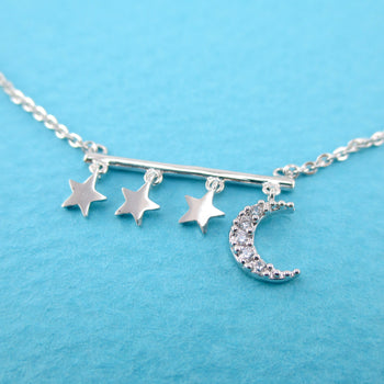 Row of Stars and Crescent Moon Shaped Rhinestone Bar Pendant Necklace