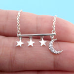Row of Stars and Crescent Moon Shaped Rhinestone Bar Pendant Necklace