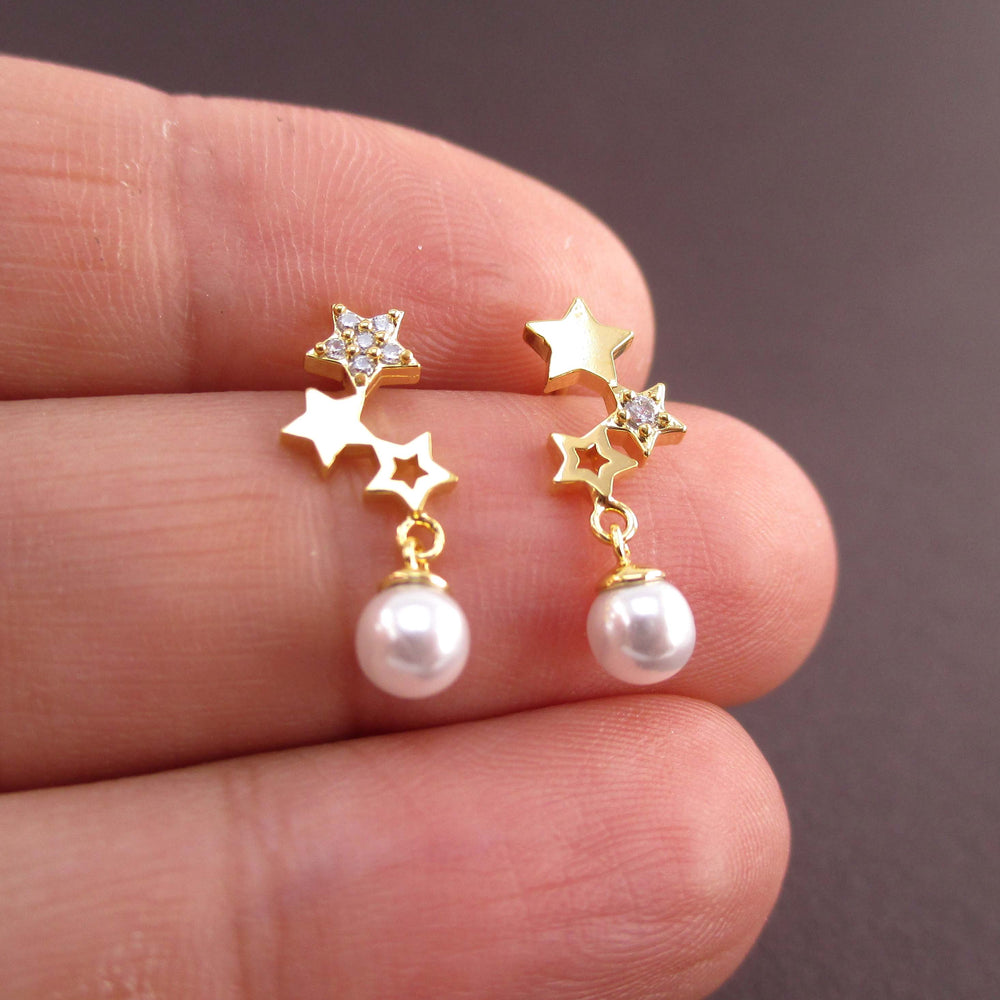 Row of Stars Shaped Space Themed Dangle Earrings in Gold with Pearls