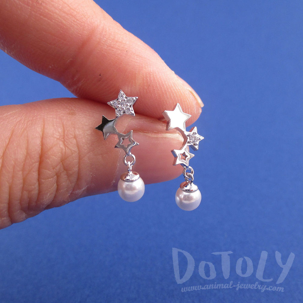 Row of Stars Shaped Space Themed Dangle Earrings in Silver with Pearls