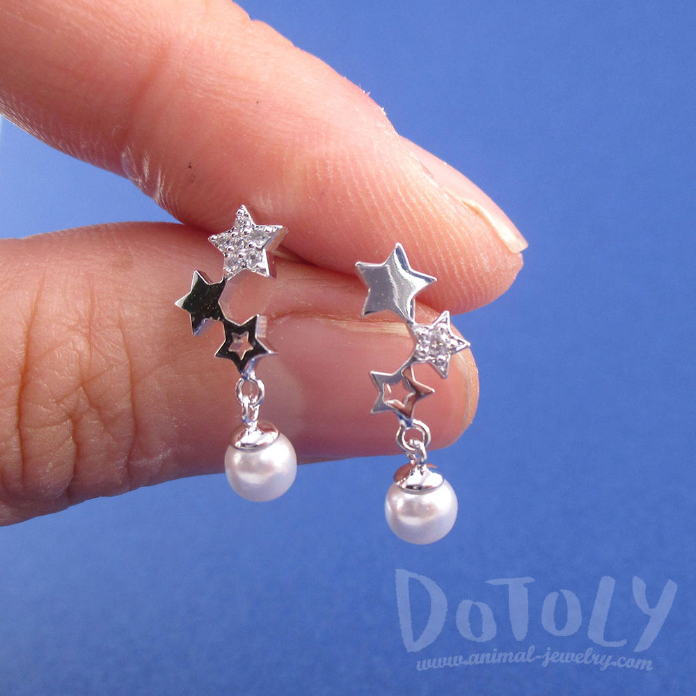 Row of Stars Shaped Space Themed Dangle Earrings in Silver with Pearls