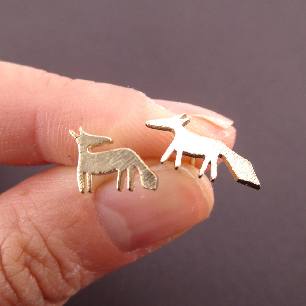 Running Red Fox Silhouette Shaped Stud Earrings in Gold | DOTOLY