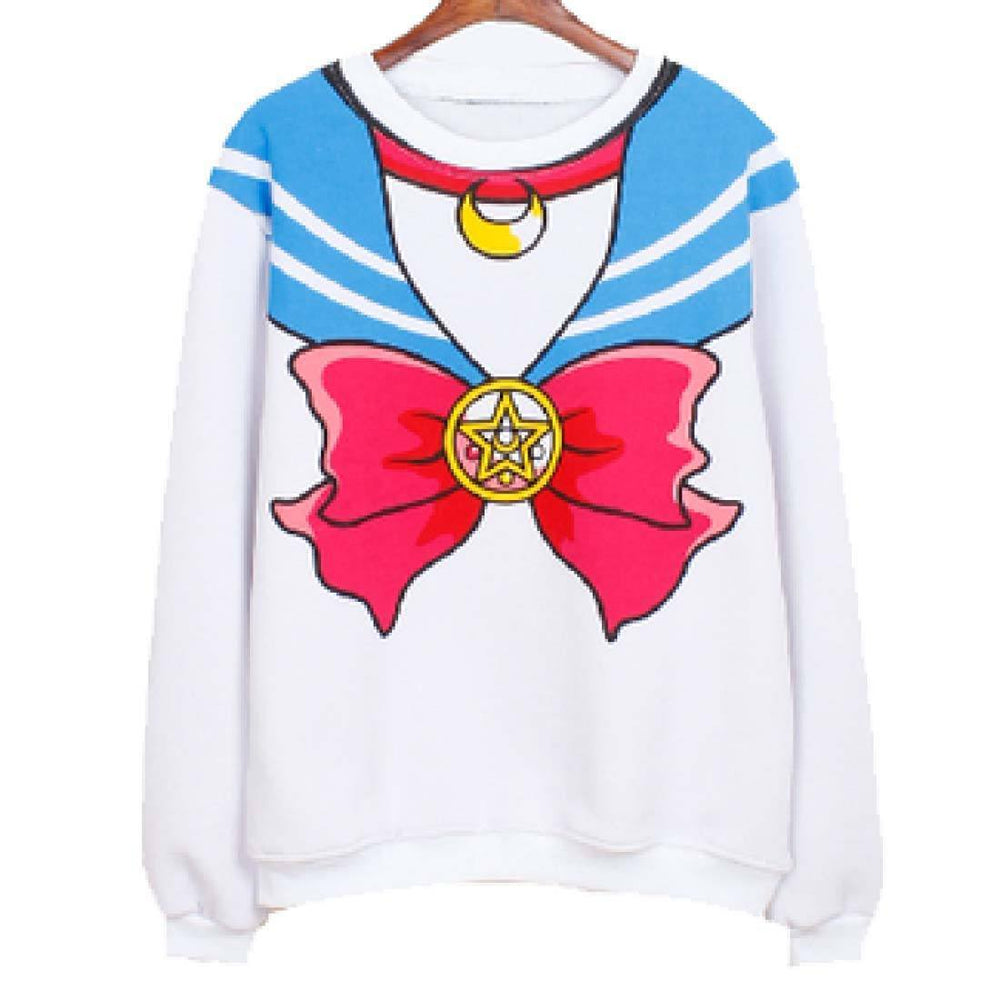 Sailor Moon Cosplay Sailor Outfit Graphic Print Crew Neck Pullover Sweater in White | DOTOLY