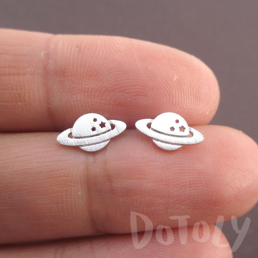 Saturn Planet Shaped Cosmos Space Galaxy Stud Earrings in Silver