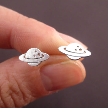 Saturn Planet Shaped Cosmos Space Galaxy Stud Earrings in Silver