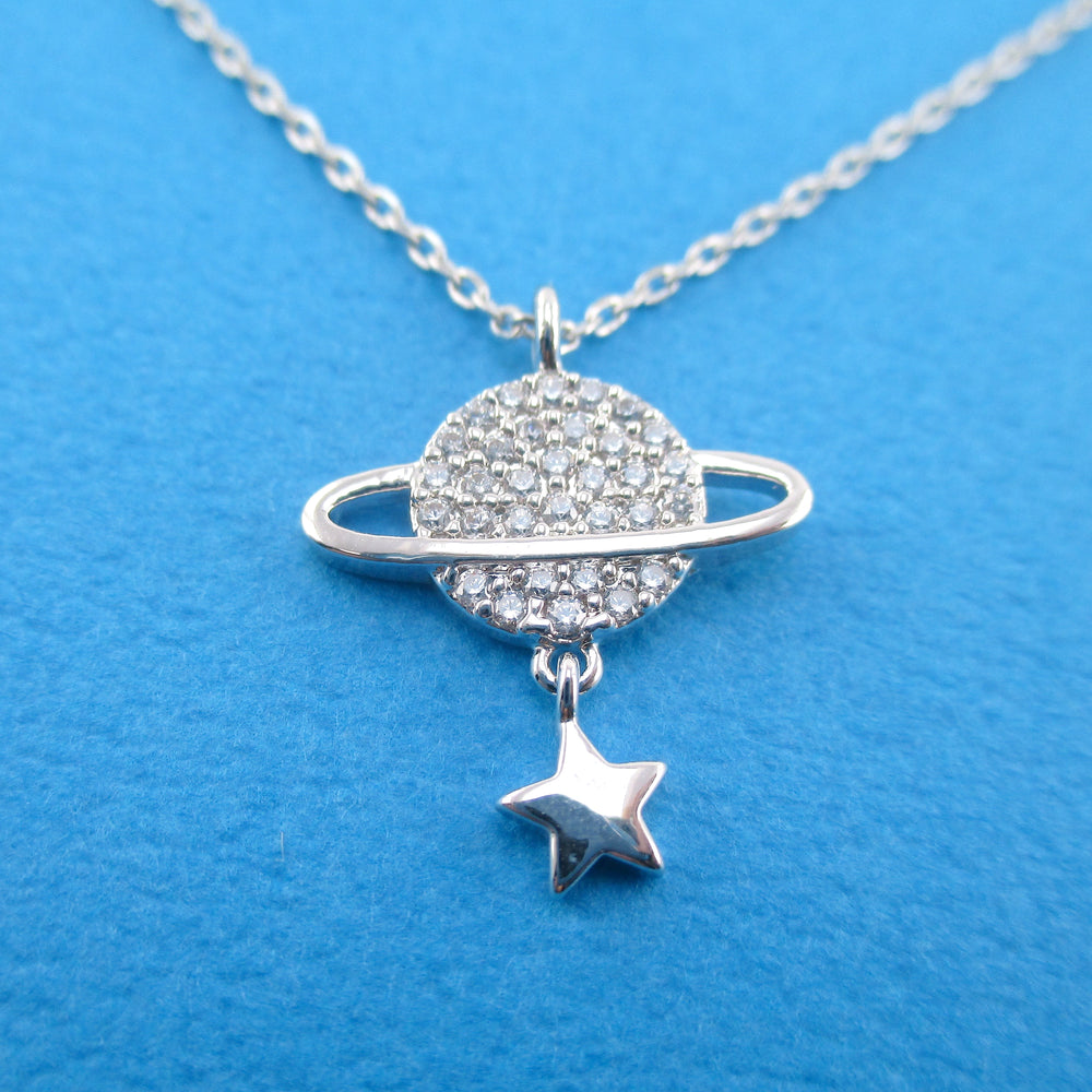 Saturn Planet Shaped Rhinestone Pendant Necklace with Dangling Star