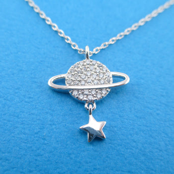 Saturn Planet Shaped Rhinestone Pendant Necklace with Dangling Star