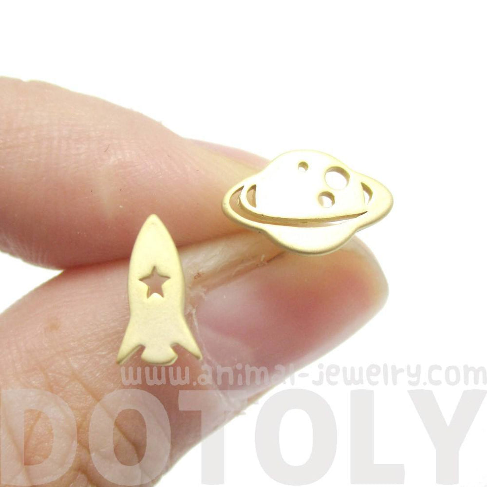 Saturn Rocket Silhouette Shaped Space Themed Stud Earrings in Gold | Allergy Free | DOTOLY