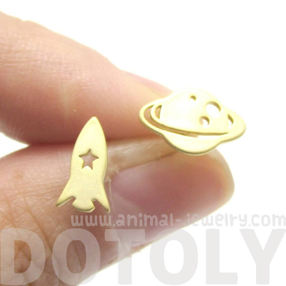 Saturn Rocket Silhouette Shaped Space Themed Stud Earrings in Gold | Allergy Free | DOTOLY