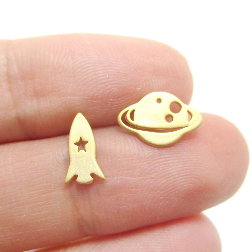 Saturn Rocket Silhouette Shaped Space Themed Stud Earrings in Gold | Allergy Free | DOTOLY
