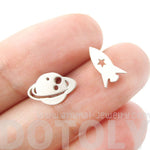 Saturn Rocket Silhouette Shaped Space Themed Stud Earrings in Silver | Allergy Free | DOTOLY