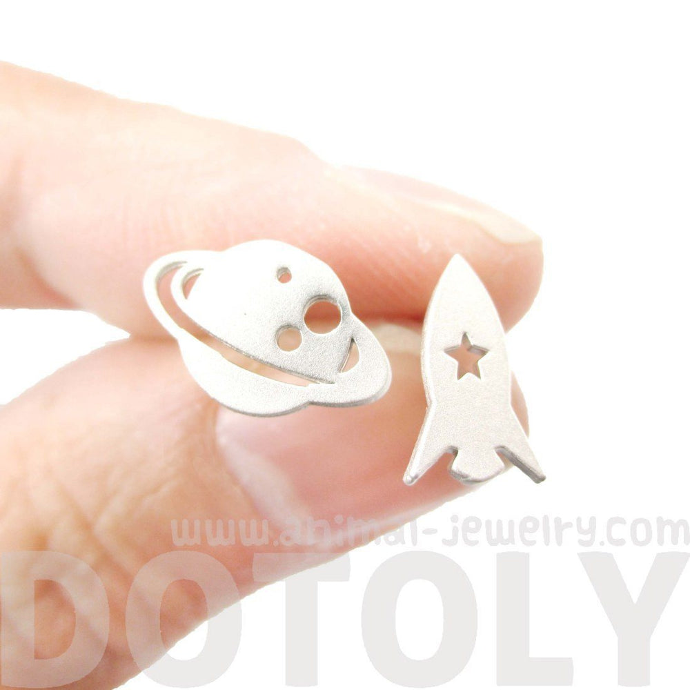 Saturn Rocket Silhouette Shaped Space Themed Stud Earrings in Silver | Allergy Free | DOTOLY