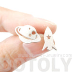 Saturn Rocket Silhouette Shaped Space Themed Stud Earrings in Silver | Allergy Free | DOTOLY
