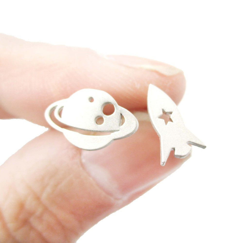 Saturn Rocket Silhouette Shaped Space Themed Stud Earrings in Silver | Allergy Free | DOTOLY