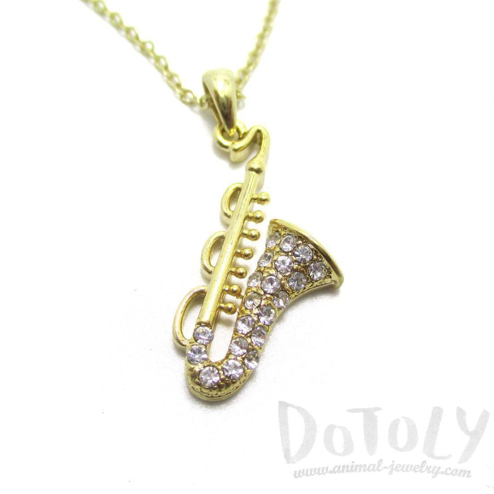 Saxophone Instrument Shaped Rhinestone Pendant Necklace in Gold | For Music Lovers | DOTOLY