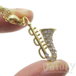 Saxophone Instrument Shaped Rhinestone Pendant Necklace in Gold | For Music Lovers | DOTOLY