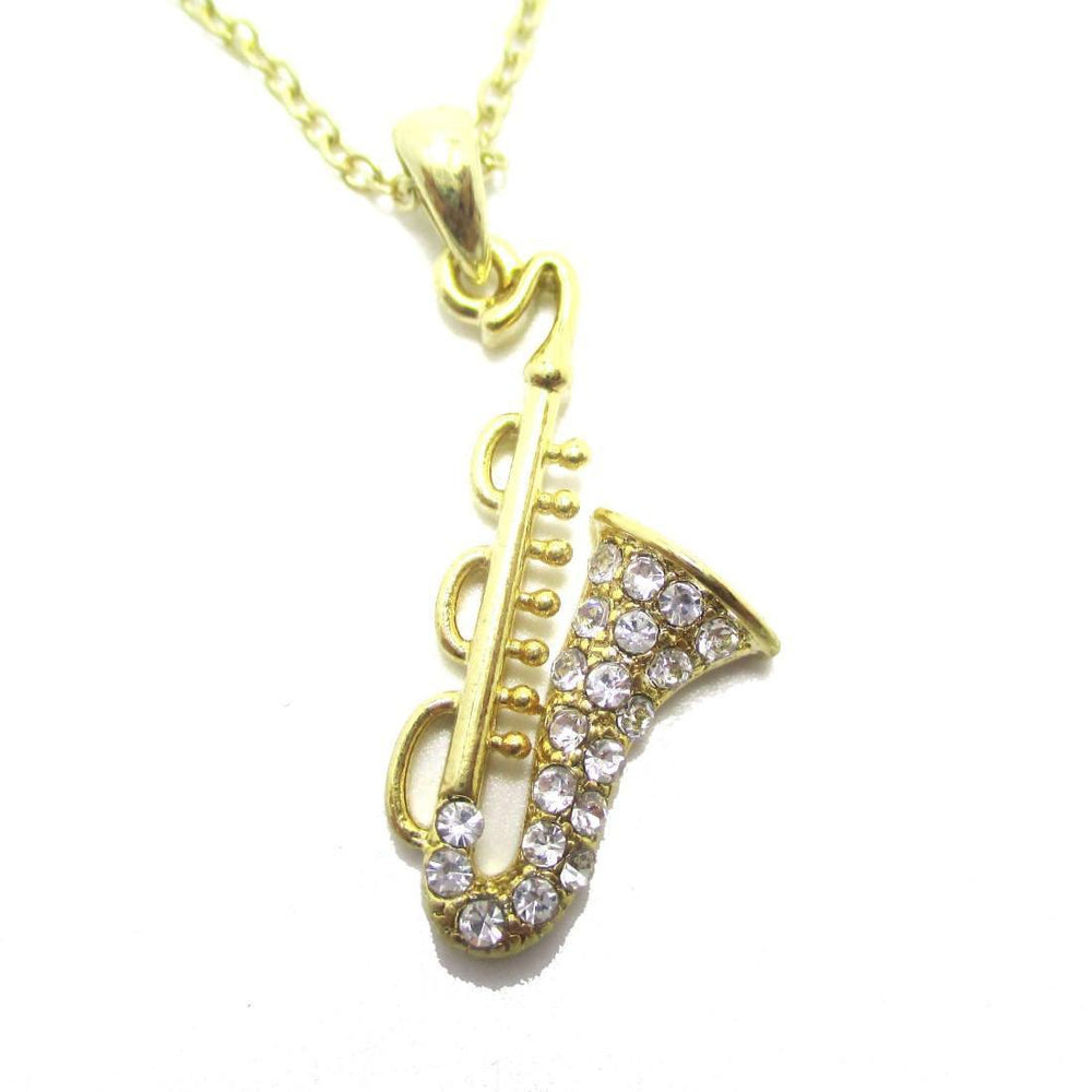 Saxophone Instrument Shaped Rhinestone Pendant Necklace in Gold | For Music Lovers | DOTOLY