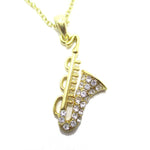Saxophone Instrument Shaped Rhinestone Pendant Necklace in Gold | For Music Lovers | DOTOLY