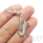 Saxophone Instrument Shaped Rhinestone Pendant Necklace in Silver | For Music Lovers | DOTOLY