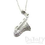 Saxophone Instrument Shaped Rhinestone Pendant Necklace in Silver | For Music Lovers | DOTOLY