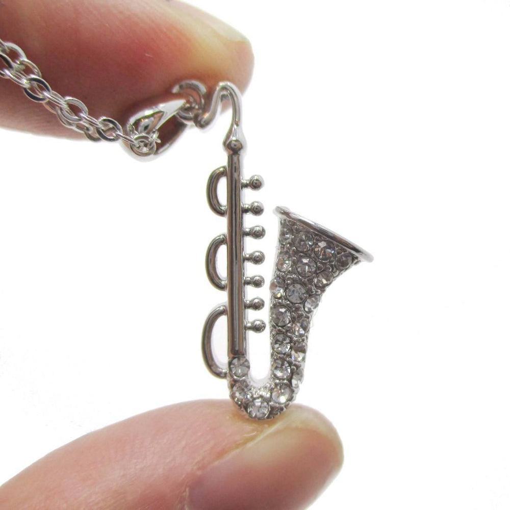 Saxophone Instrument Shaped Rhinestone Pendant Necklace in Silver | For Music Lovers | DOTOLY