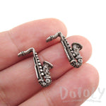 Saxophone Shaped Rhinestone Stud Earrings in Silver | Music Themed Jewelry | DOTOLY
