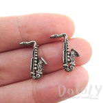 Saxophone Shaped Rhinestone Stud Earrings in Silver | Music Themed Jewelry | DOTOLY