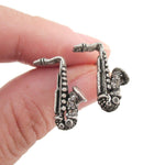 Saxophone Shaped Rhinestone Stud Earrings in Silver | Music Themed Jewelry | DOTOLY