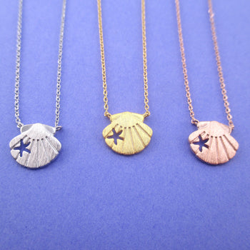 Scallop Seashells with Starfish Cut Out Shaped Pendant Necklace