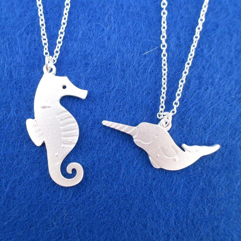 Sea Creatures Themed Seahorse and Narwhal 2 Piece Necklaces in Silver
