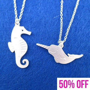 Sea Creatures Themed Seahorse and Narwhal 2 Piece Necklaces in Silver