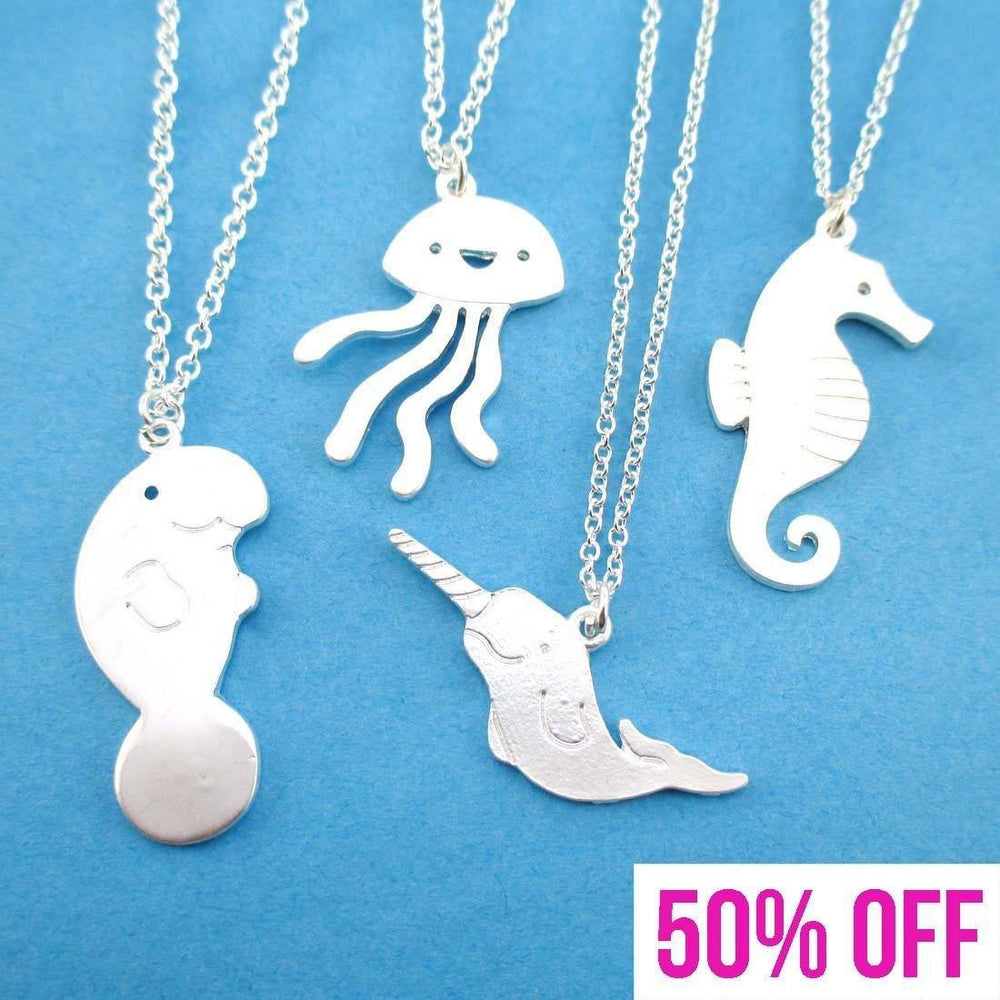 Sea Creatures Themed Seahorse Jellyfish Manatee Narwhal Necklace Set