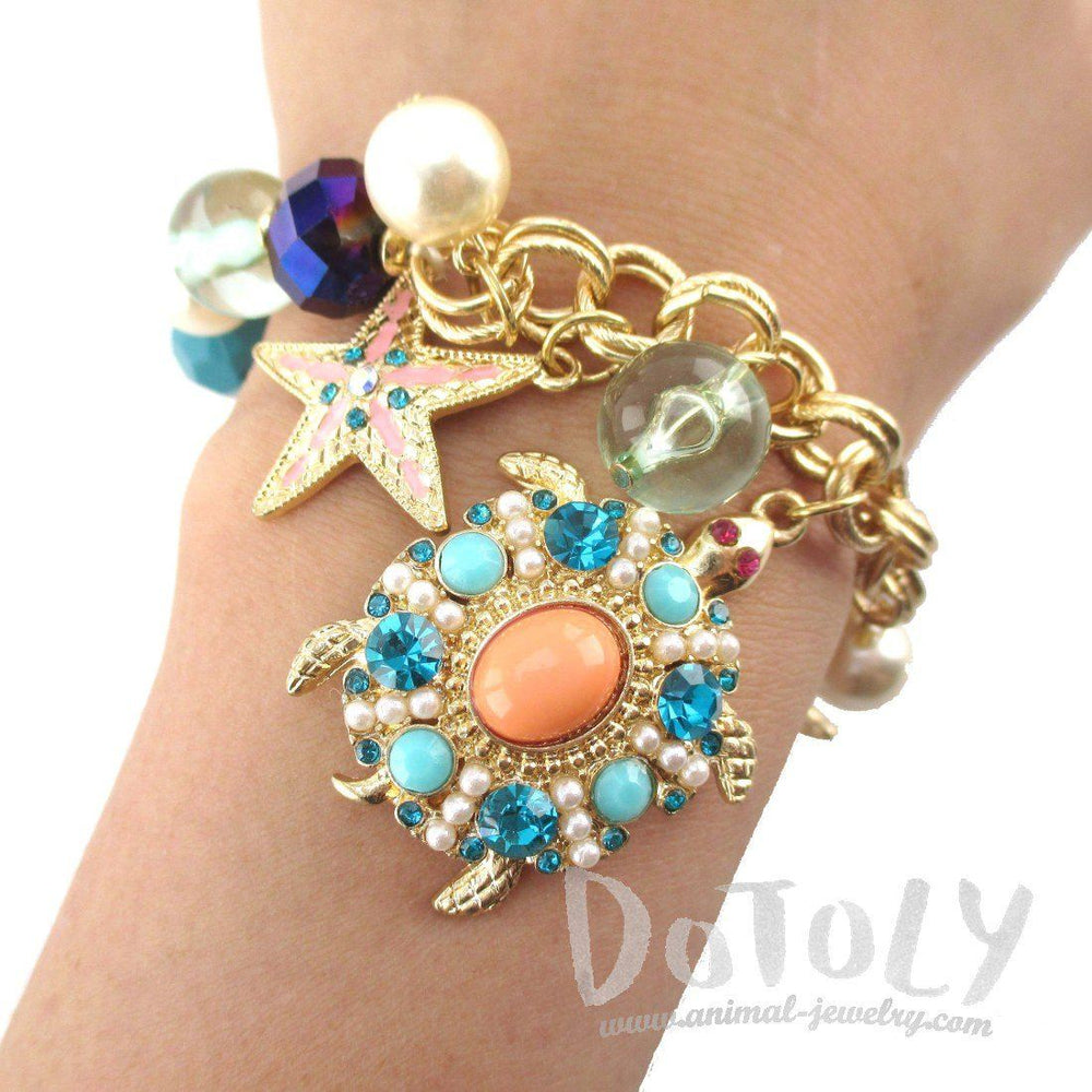 Sea Turtle and Starfishes Beaded Rhinestone Charm Bracelet | DOTOLY