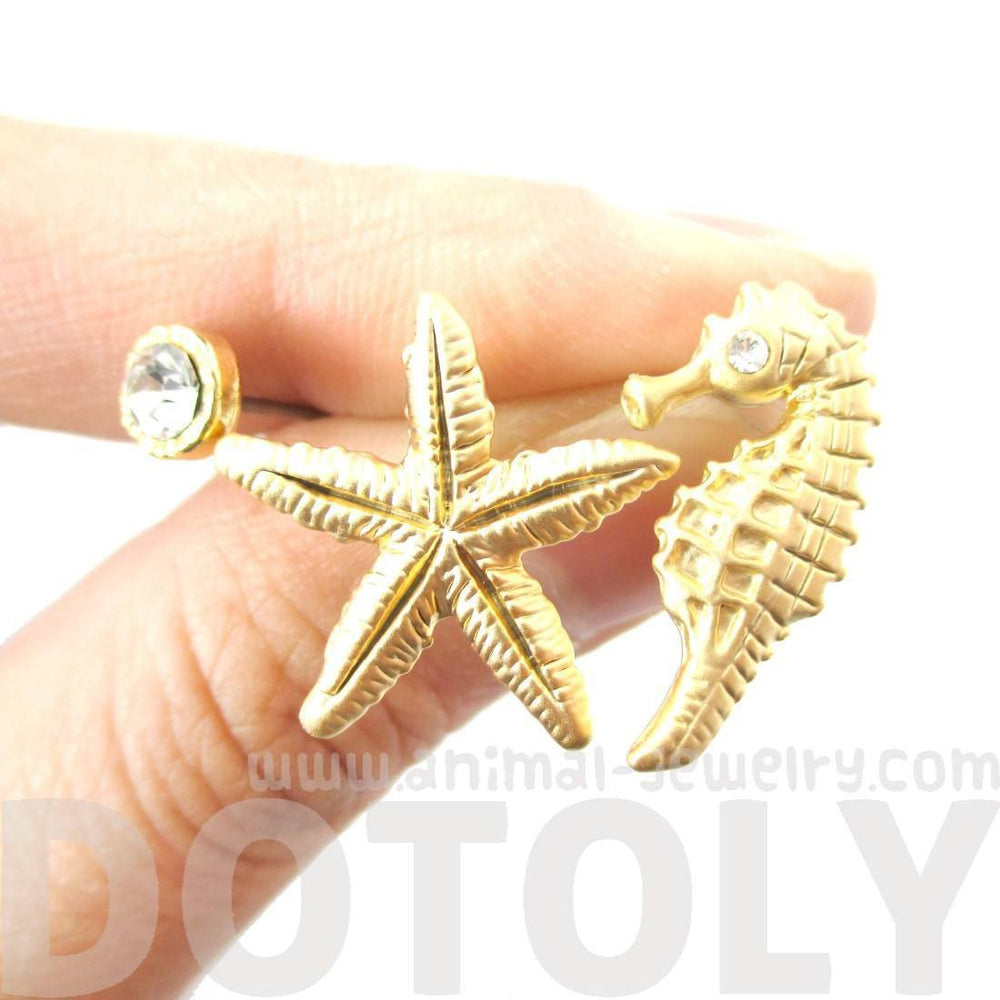 Seahorse Starfish and Rhinestone Shaped Allergy Free Stud Earrings in Gold | Animal Jewelry | DOTOLY