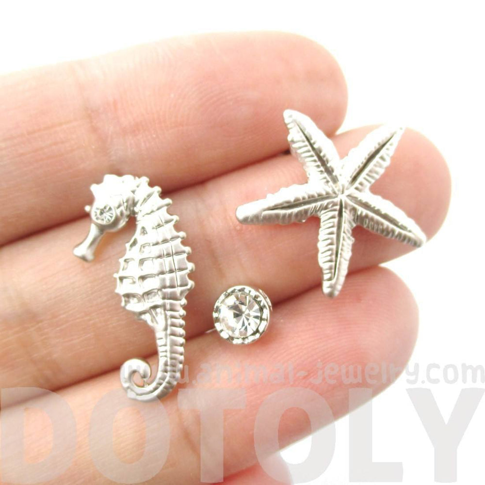 Seahorse Starfish and Rhinestone Shaped Allergy Free Stud Earrings in Silver | Animal Jewelry | DOTOLY