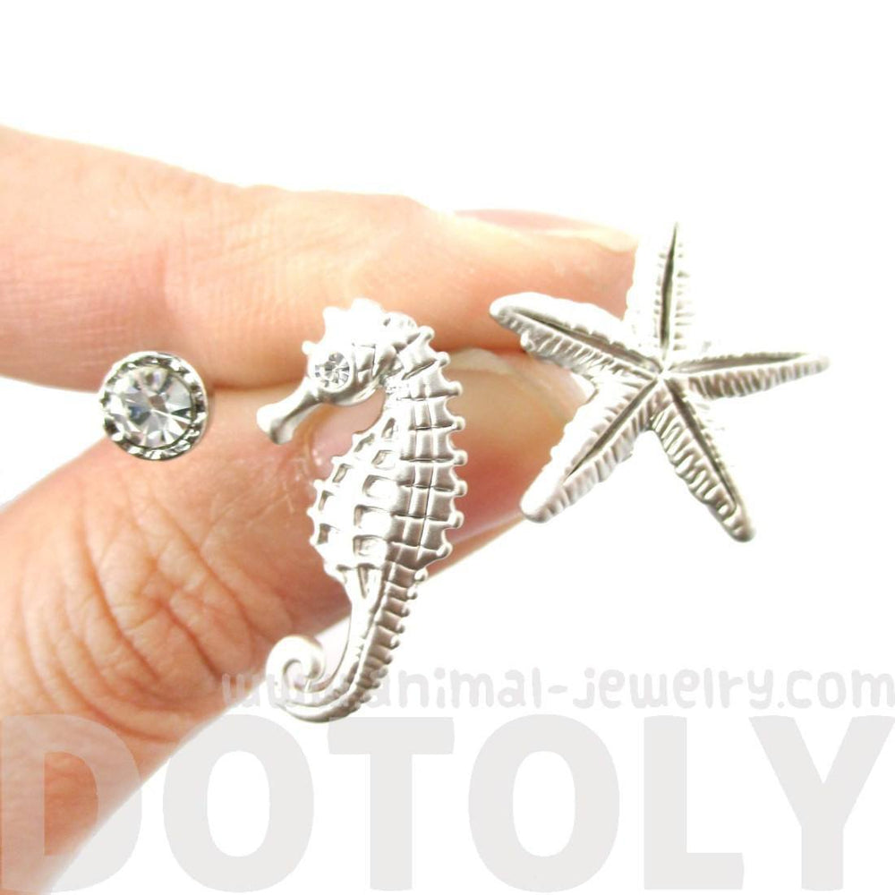 Seahorse Starfish and Rhinestone Shaped Allergy Free Stud Earrings in Silver | Animal Jewelry | DOTOLY