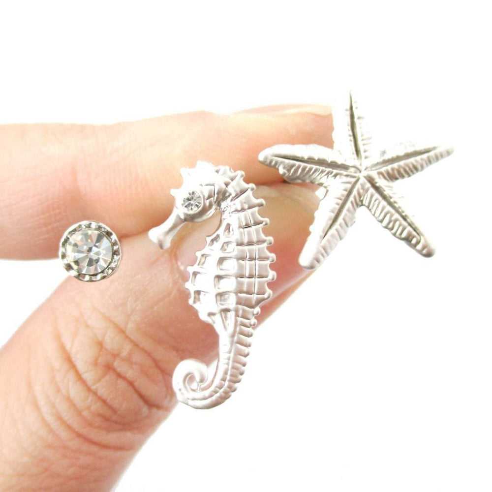 Seahorse Starfish and Rhinestone Shaped Allergy Free Stud Earrings in Silver | Animal Jewelry | DOTOLY