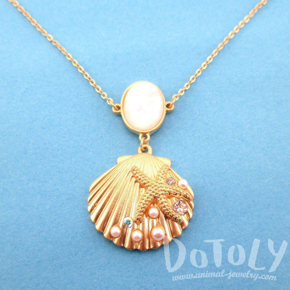 Seashell Starfish Ocean Inspired Mermaid Jewelry Pendant Necklace in Gold | DOTOLY
