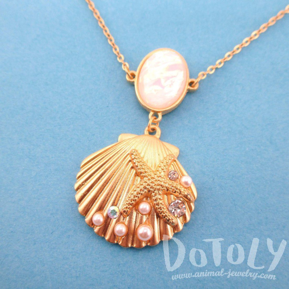 Seashell Starfish Ocean Inspired Mermaid Jewelry Pendant Necklace in Gold | DOTOLY