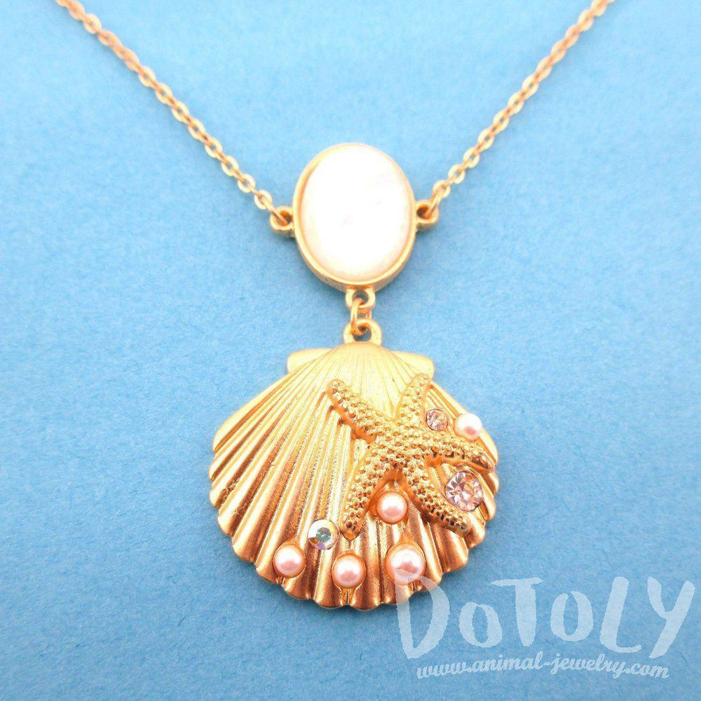 Seashell Starfish Ocean Inspired Mermaid Jewelry Pendant Necklace in Gold | DOTOLY